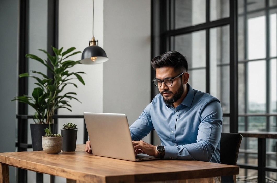 A person working on a laptop from an office